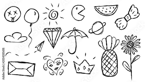 Unique Black Ink Hand Drawn Doodle Drawing Collection Summer Theme