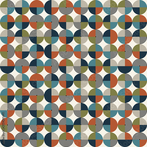 Bauhaus style geometric seamless pattern of circles and lines, abstract retro background with color blocks. Eps 10
