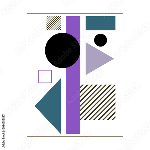 Abstract geometric composition in Bauhaus style, minimalist vector art poster with circles, triangles and linear textures on white background.