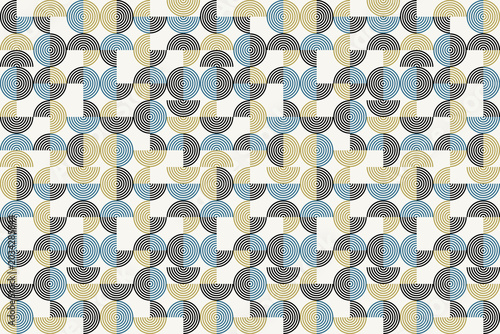 Abstract geometric seamless pattern, minimalist op art vector background with concentric circles, linear arches and arcs in gold and blue-grey tones. Eps 10