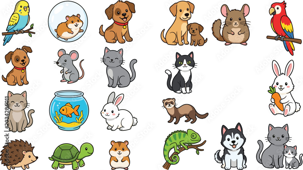 Obraz premium Cute Cartoon Pet Animals Collection — Dogs, Cats, Rabbits & Exotic Pets Clipart Set
