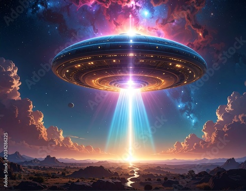 Illuminated alien craft descends over barren land