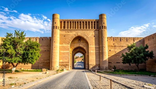 Grand ancient gateway, stone walls, trees, road