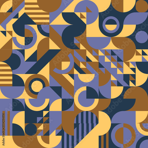 Abstract geometric seamless pattern in Bauhaus style, dynamic retro background with blue, yellow and brown shapes. Eps 10