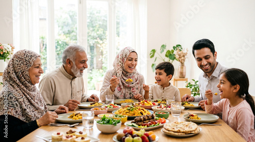 Family eating Eid dinner together around a table with food  