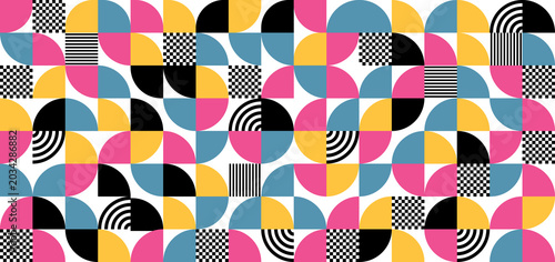 Abstract geometric seamless pattern on white background, bright pop art style vector background with circles, lines and checkered texture in pink, yellow and blue tones. Eps 10