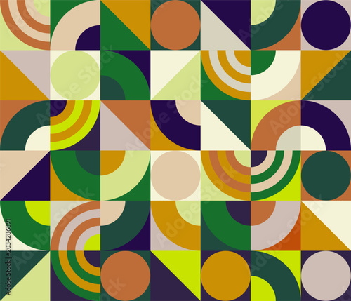 Obraz na plátně Seamless geometric pattern in Bauhaus style, abstract colorful texture with circles, arches and triangles, modernist vector background