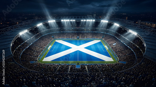 Scotland flag saint andrew cross on football stadium pitch aerial view