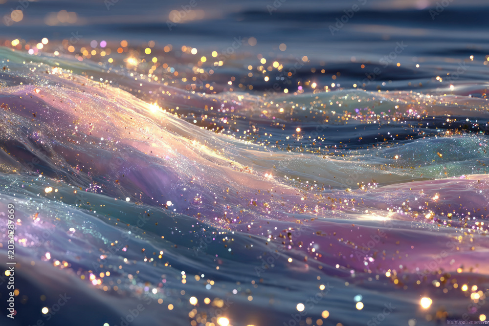 Fototapeta premium Abstract Iridescent Ocean Waves with Glittering Light and Dreamy Pastel Colors
