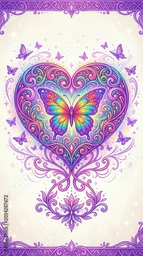 Colorful Butterfly Heart Mandala Artwork with Purple Decorative Pattern for Spiritual and Boho Wall Decor