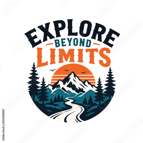 Minimal mountain adventure t-shirt design with bold curved typography saying “Explore Beyond Limits”, clean vector illustration, winding road leading to snow mountains, pine trees, modern outdoor badg