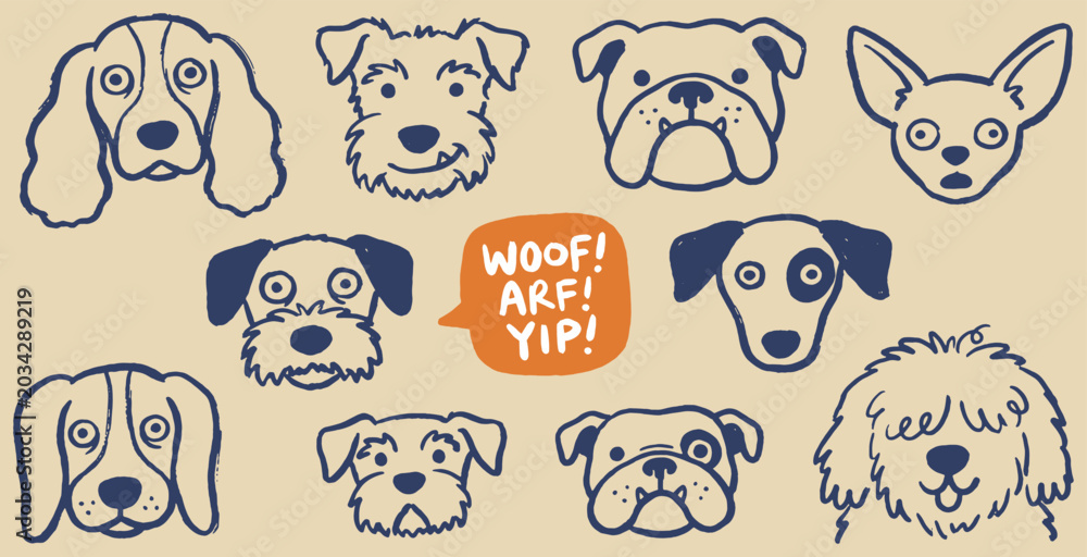 Fototapeta premium Collection of diverse dog faces with different breeds and expressions, including a speech bubble with barks.