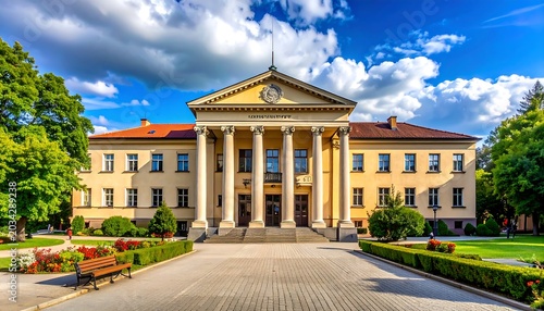 Grand classical building with columns, garden, and clouds