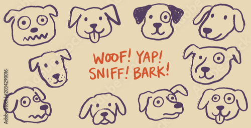 Canvas Print Collection of Hand-Drawn Dog Faces with Onomatopoeia Words.