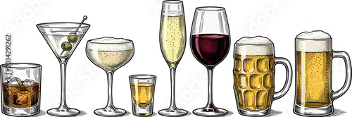 Foto Alcoholic drinks and cocktails vector engraving set with beer wine whiskey champ