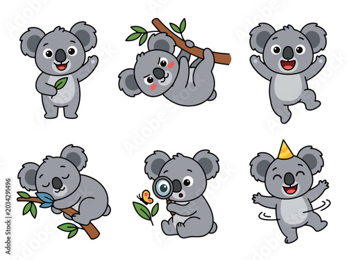Photography Cute koala cartoon character collection with adorable poses and sleepy expressions