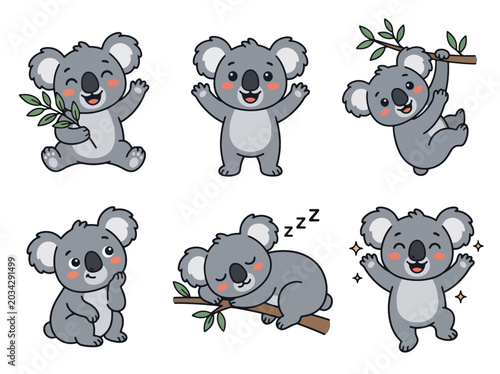 Photography Cute koala cartoon character collection with adorable poses and sleepy expressions