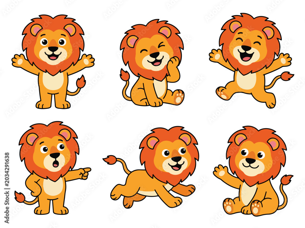 Fototapeta premium Cute lion cartoon mascot collection with expressive poses and playful emotions. Adorable jungle animal vector set for stickers and kids designs