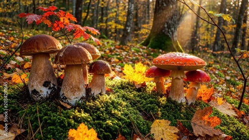 Scenic woodland view of wild mushrooms in the forest with sunlight breaking through trees, autumn ambiance