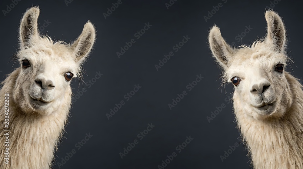 Fototapeta premium Two fluffy white llamas with curious and funny expressions look directly at the camera against a dark gray background.