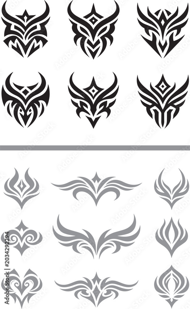 Fototapeta premium Tribal tattoo vector icons with abstract mask and wing shapes for decorative branding and decals