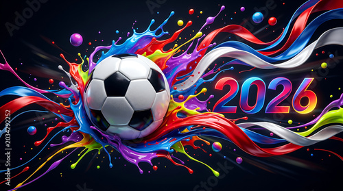 Soccer ball with vibrant colorful paint splashes and dynamic ribbons, 2026 celebration concept, creative sports background with abstract fluid art elements on black backdrop