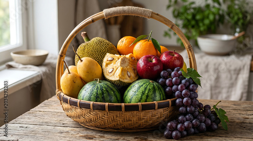 A rustic wicker basket filled with a variety of fresh, colorful tropical and seasonal fruits, including jackfruit, oranges, apples, watermelons, pears, and grapes on a wooden table