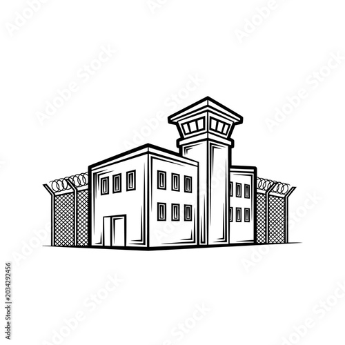 A detailed black and white illustration of a prison building with a guard tower and barbed wire fence, representing law and order