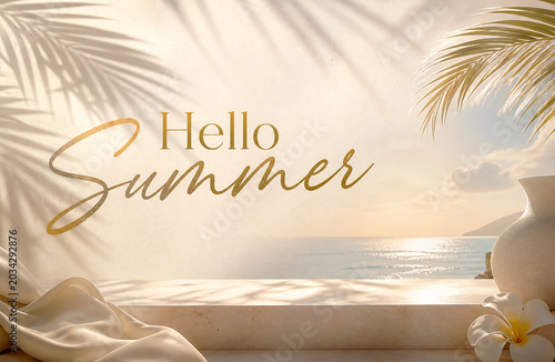 Luxury Hello Summer Background With Tropical Beach And Golden Typography