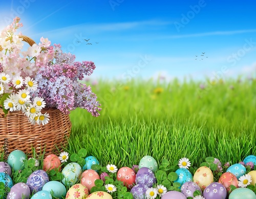 Colorful Easter Eggs and Flowers in a Basket on Green Grass.
