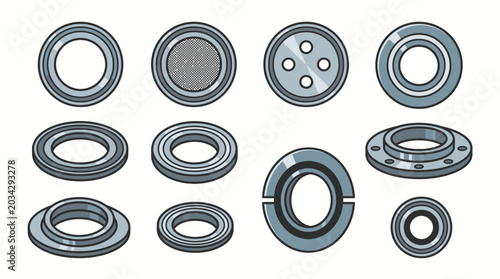 Set of 10 Stainless Steel Tri-Clamp Gaskets in Flat Vector Style for Sanitary Brewing Fittings and Industrial Hygiene