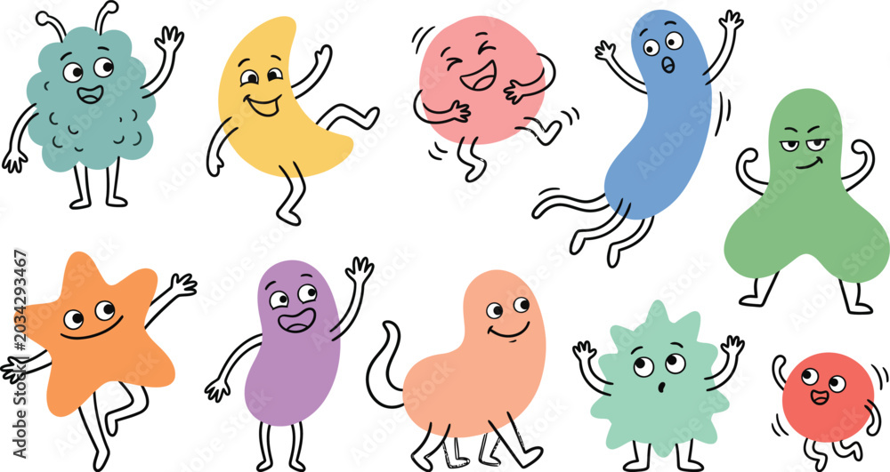 Fototapeta premium Colorful cartoon microorganisms dancing on white background in various shapes and sizes happily