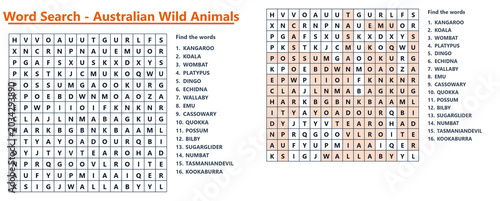 Photography Word search puzzle featuring Australian Wild Animals with solutions