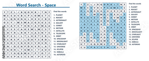 Word search puzzle featuring Space-themed vocabulary grid  
