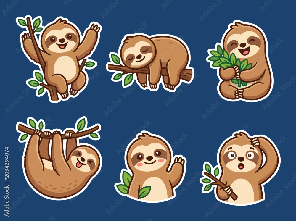 Fototapeta premium Cute sloth cartoon mascot collection with adorable expressions and relaxing poses. Kawaii jungle animal vector sticker set for kids and nursery themes