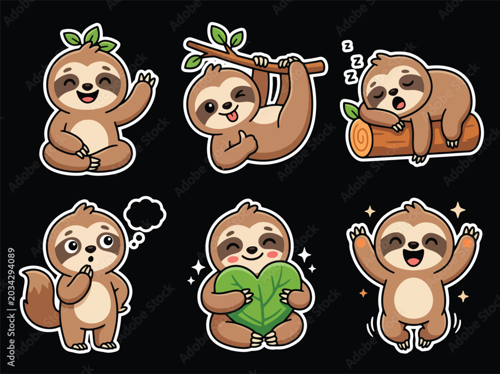 Fototapeta premium Cute sloth cartoon mascot collection with adorable expressions and relaxing poses. Kawaii jungle animal vector sticker set for kids and nursery themes