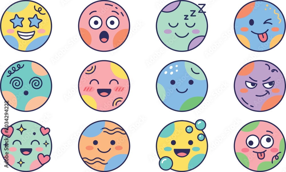 Fototapeta premium Collection of colorful cartoon eggs with different happy and surprised faces on white background