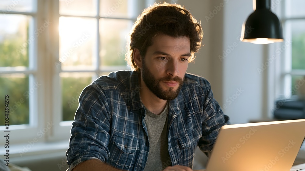 Obraz premium A person works remotely on a laptop in a bright sunlit room demonstrating a focused and strategic approach to their work