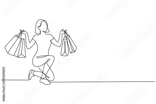 Photos Vector art of a woman in motion with shopping bags line art one line white backg