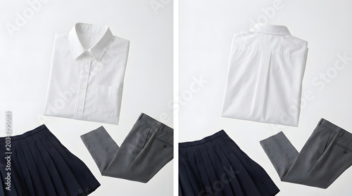 Neatly folded summer school uniform clothing set featuring white dress shirts with navy pleated skirts and grey trousers on white background