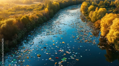 Aerial view of a river heavily polluted with floating plastic debris after heavy rainfall, highlighting environmental devastation near a wooded bank.