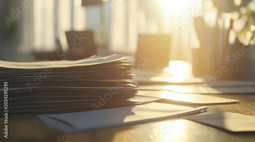 A Stack of Financial Documents on a Corporate Desk Illuminated by Soft Sunlight