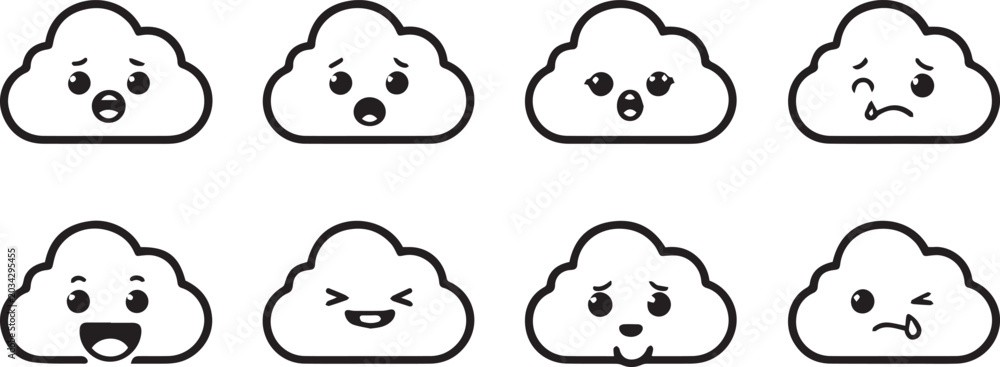 Fototapeta premium Cute Crying and Sad Cloud Sticker Pack, Kawaii Rainy Weather Cartoon Character Expressions, Black and White Line Art Vector Illustration, Emotional Sky Mascot Icons Bundle