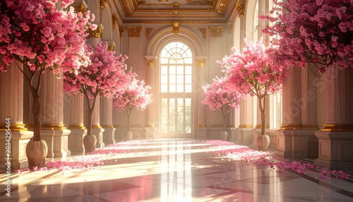 Grand hall lined with flowering trees, sunlit