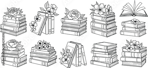 Bild auf Leinwand Black and white line art illustrations of stacked books with flowers