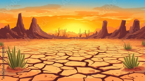 Desolate desert landscape with cracked earth under a harsh, bright orange sunset.