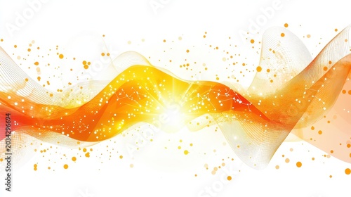 Bright abstract glowing orange and yellow wave with sparkling particles on a white background