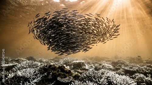 Super El Niño School of small fish swimming in unison underwater near coral reef with sun rays