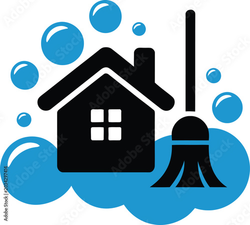 Obraz na plátne Simple black house icon with a broom and blue bubbles symbolizing home cleaning