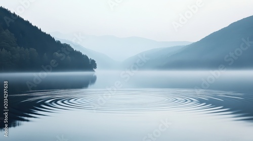 Gentle ripples form on a tranquil lake surface with misty mountains in the background and soft, peaceful atmosphere